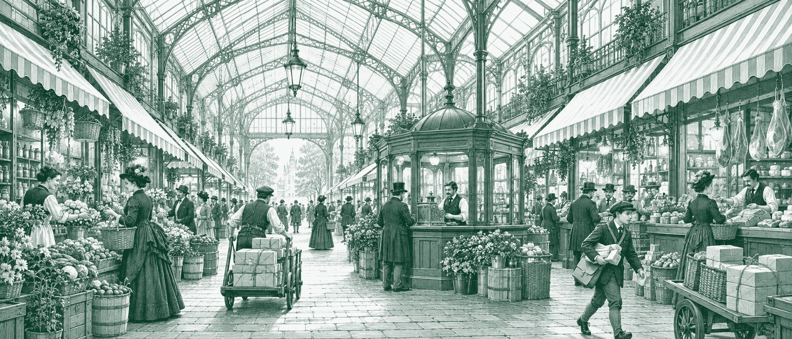 An engraving in green ink of a covered market arcade under a glass and iron roof: shoppers with baskets at flower, fruit and bread stalls, a cashier at a brass register in a central kiosk, a porter wheeling parcels on a cart and a messenger boy carrying more.