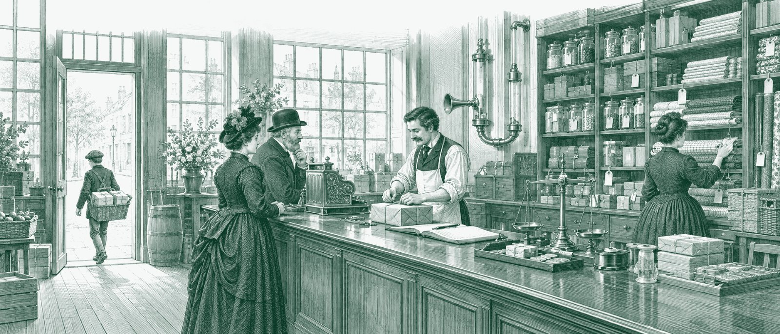 An engraving in green ink of a general store: two customers talk with the shopkeeper as he wraps a parcel at a long counter with a brass cash register, scales, a ledger and a tray of coins; a woman takes cloth from shelves of tagged goods, a boy leaves with a basket of parcels, and a pneumatic tube on the wall carries orders out.